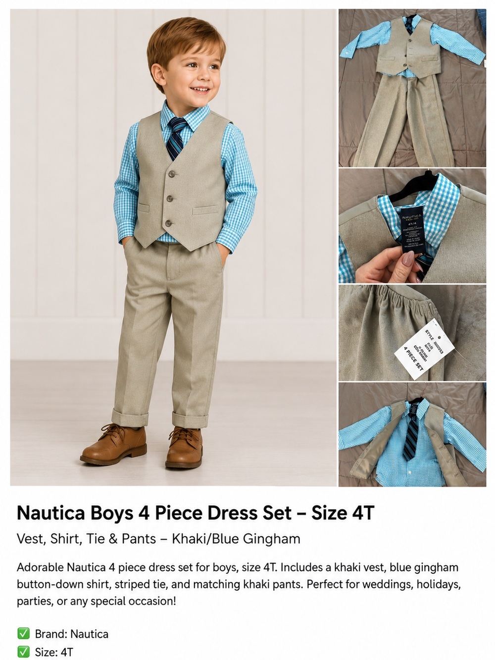 Nautica Boys 4 Piece Dress Suit Set 4T NWT Khaki Vest Pants Tie Shirt